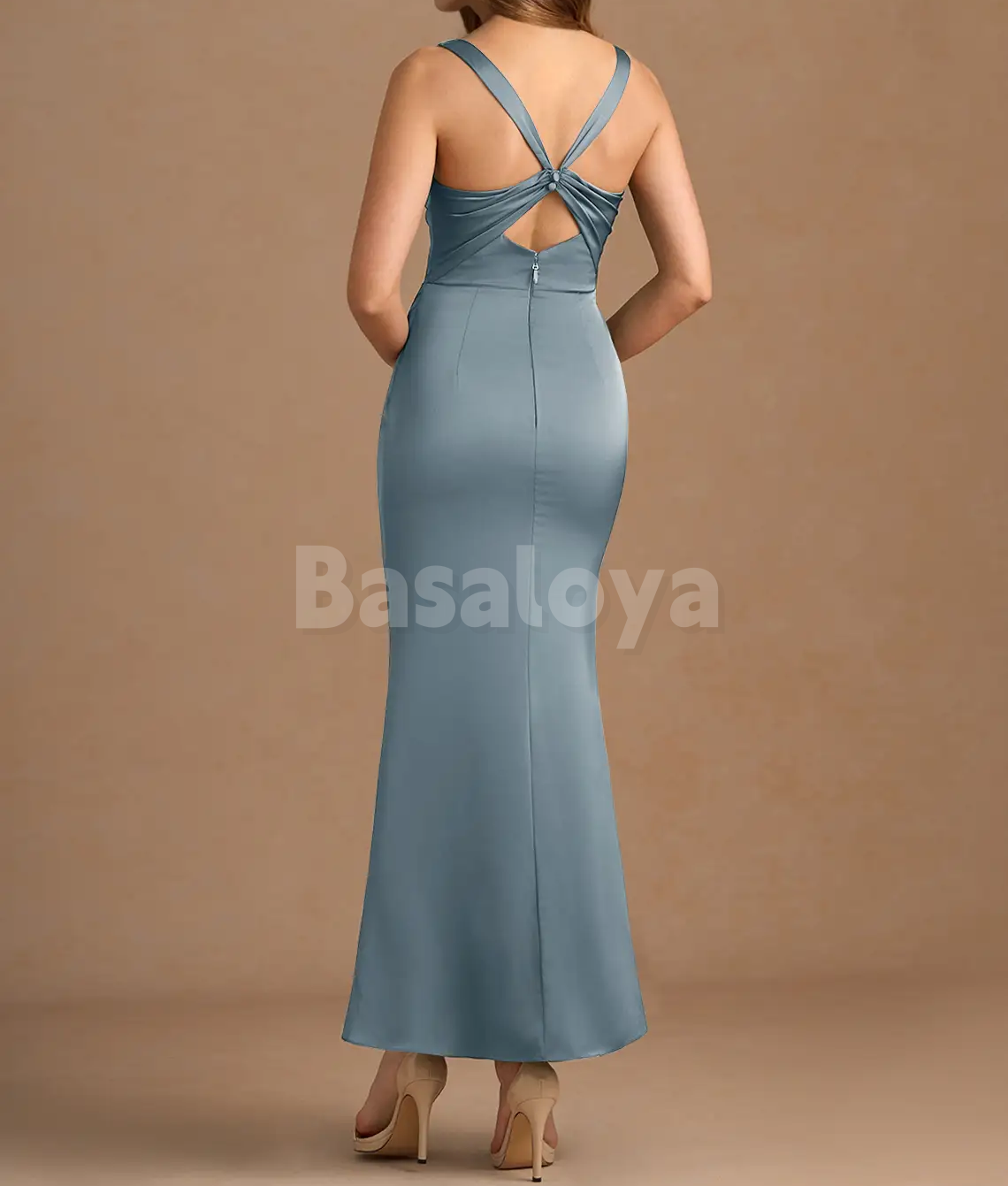 SP0264 Simple Navy Square Neck Sheath Pleated Satin Formal Prom Dress