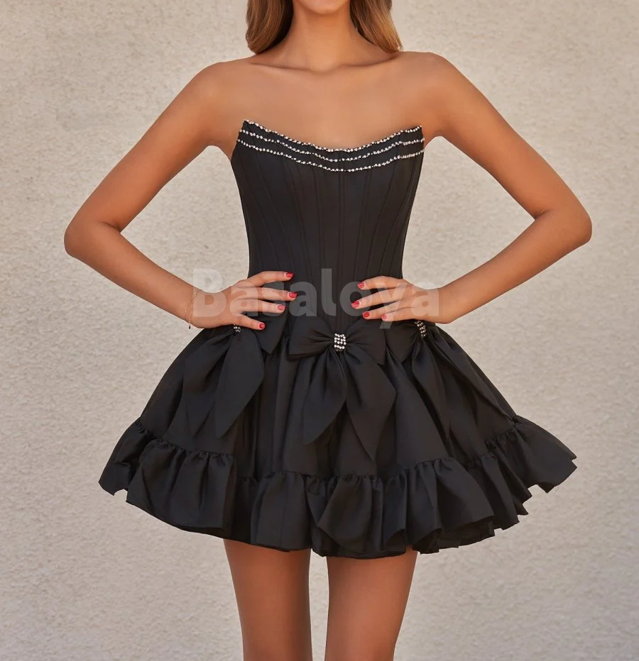 HM0005 Elegant Black A-Line Beaded Mini Homecoming Gown with Bow