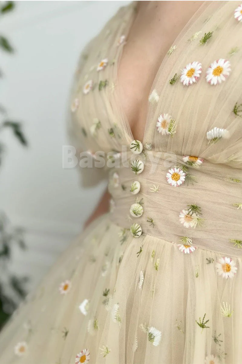 SP0200 Gorgeous Champagne A-Line V-Neck Half Sleeves Prom Dress