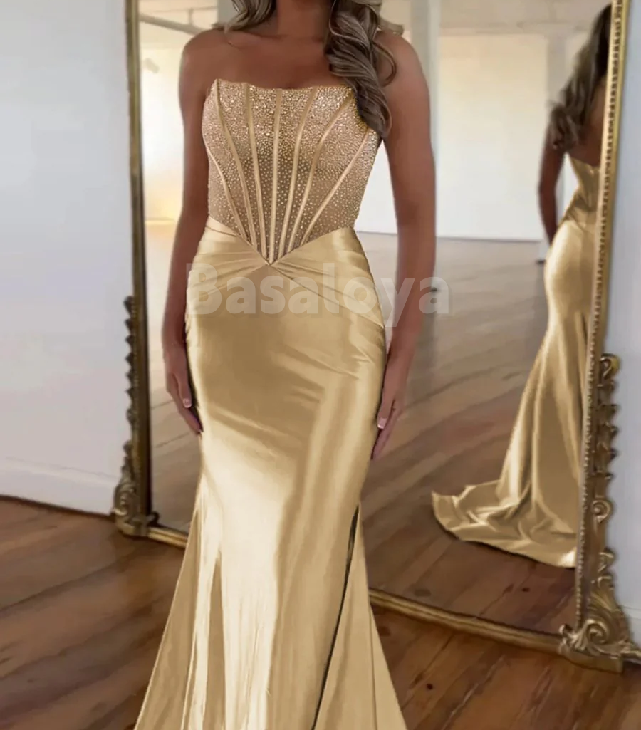 SP0171 Elegant Lilac Tube Top Bodycon Beaded Prom Party Dress with Train