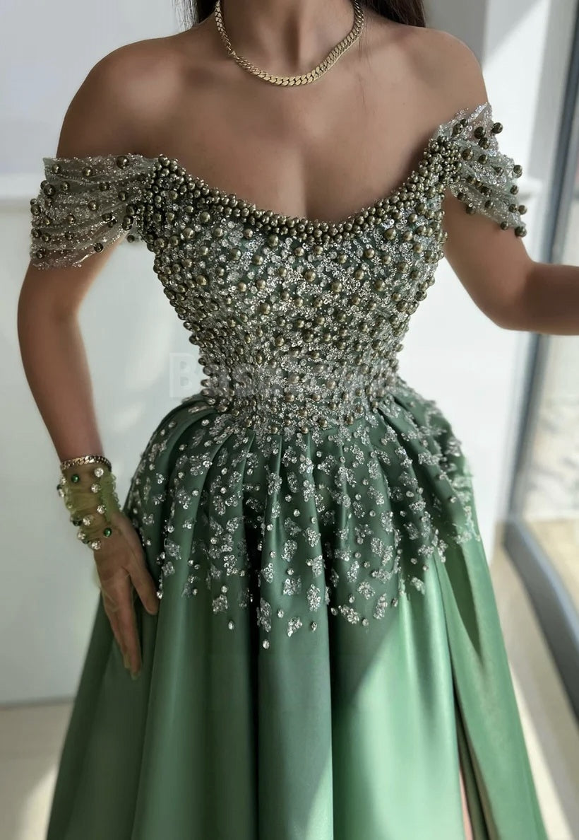 ED0100 Luxury Green Off-Shoulder A-Line Side Slit Evening Dress with Beaded