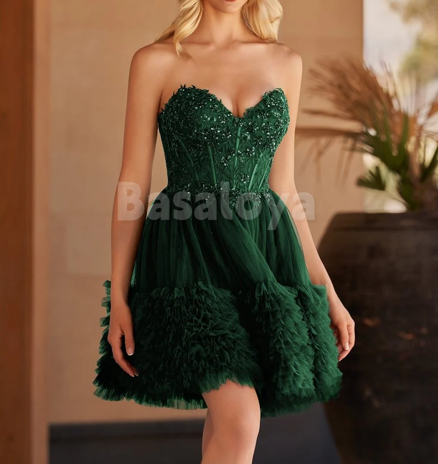 HM0016 Elegant Green A Line Sweetheart Ruffles Homecoming Dresses with Beads