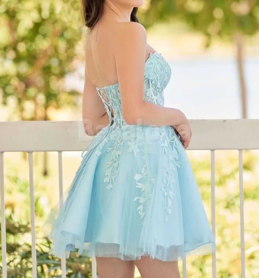 HM0104 Gorgeous Tube Top A-Line Lace Applique Homecoming Gowns