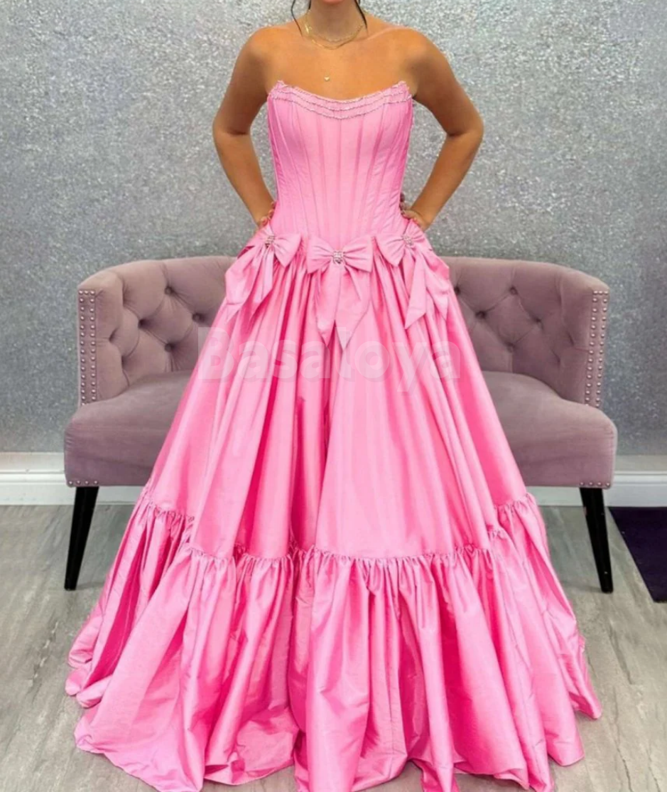 SP0172 Elegant Fuchsia Beaded Strapless A-Line Ball Gown with Bow Prom Dress