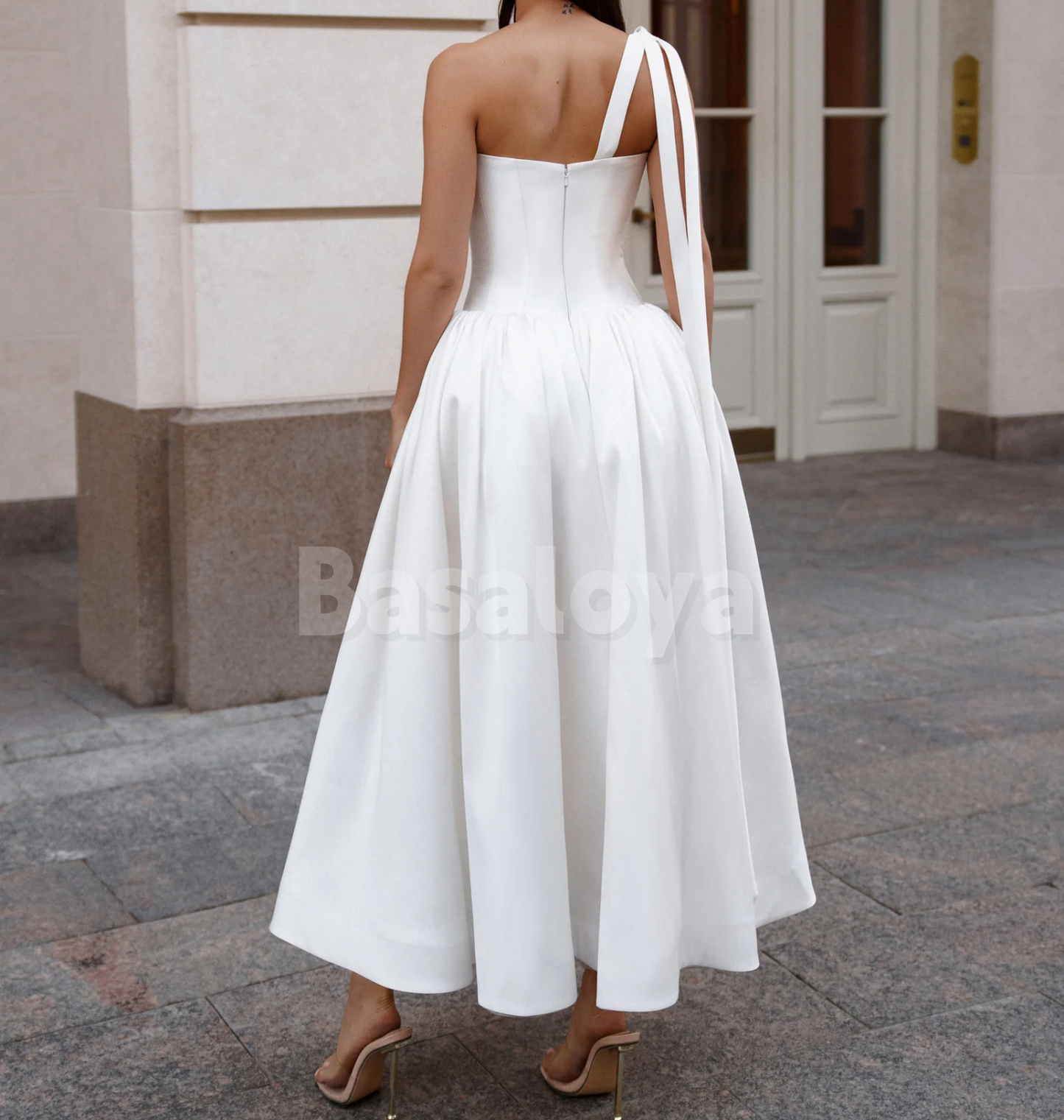 WD0169 Classic 3D Floral White One Shoulder A-Line Pleats Midi Bridal Gown