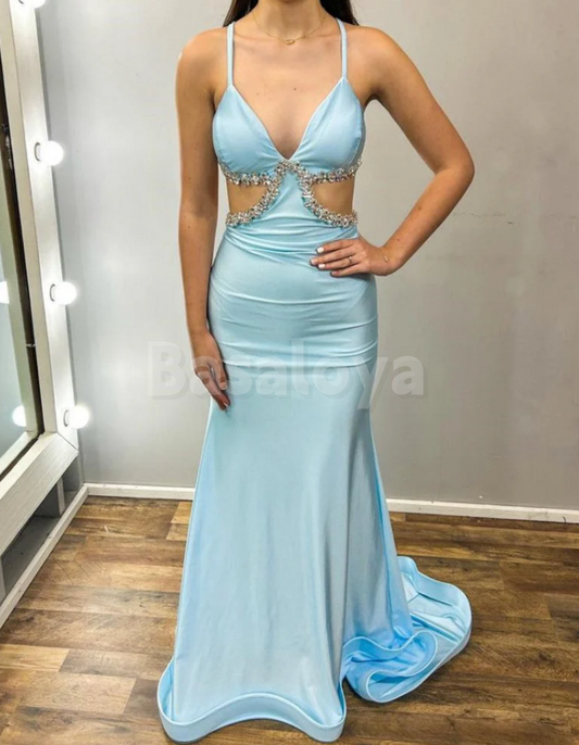 SP0224 Graceful Blue V-Neck Bodycon Long Satin Prom Dress with Crystal