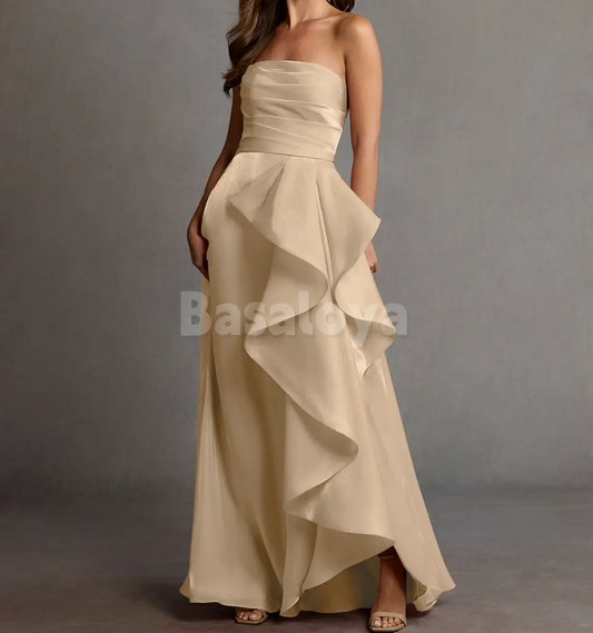SP0251 Elegant Beige Strapless A-Line Pleats Prom Dress Formal Gown with Slit