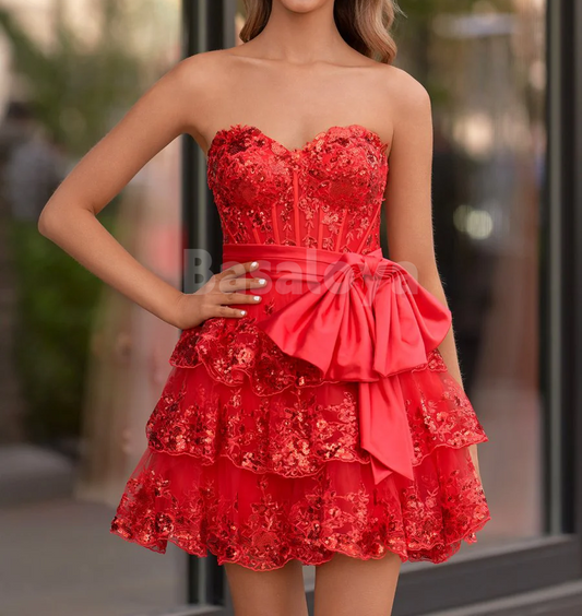 HM0003 Luxury Corset Red Sequin Appliques Short Party Dress with Bow