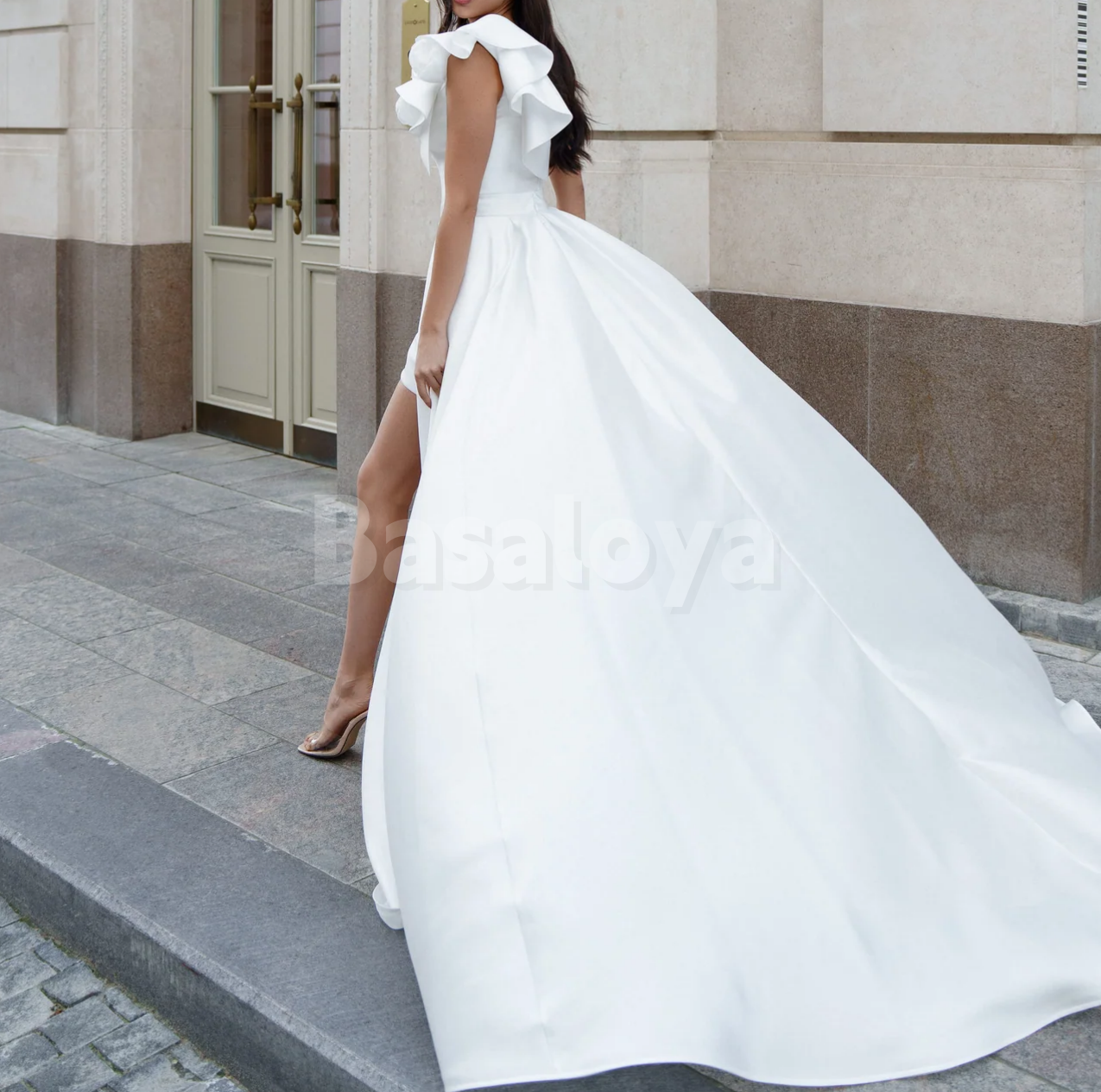 WD0158 Luxury 3D Floral One Shoulder Bodycon Wedding Dress with Overskirt