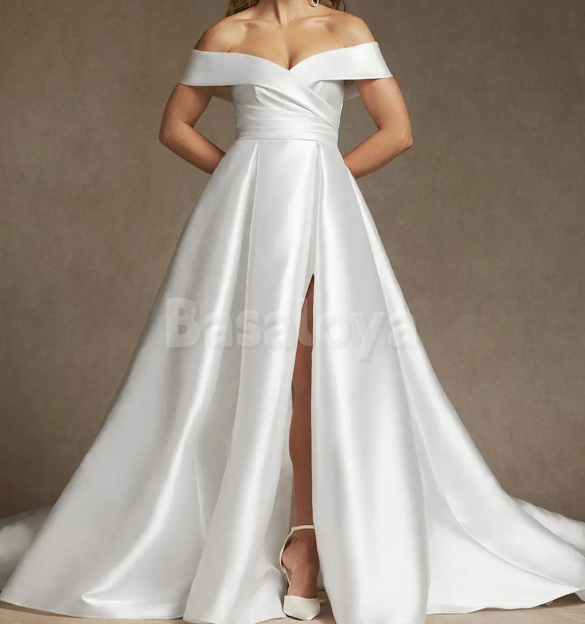 WD0093 Elegant White Off-Shoulder A-Line Bridal Wedding Gown with Slit