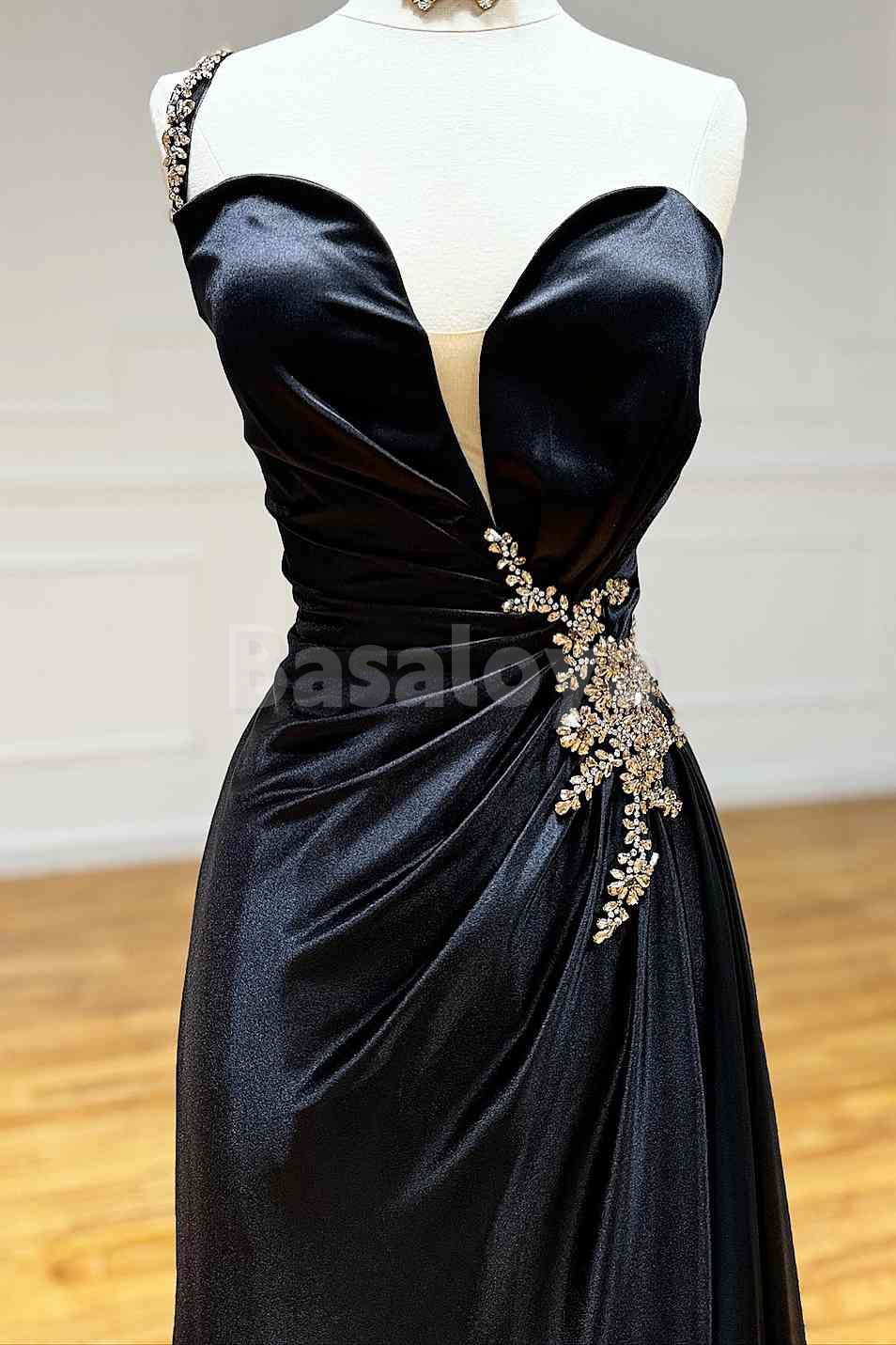 SP0222 Luxury Crystal Black One Shoulder Sheath Pleats Prom Formal Gowns
