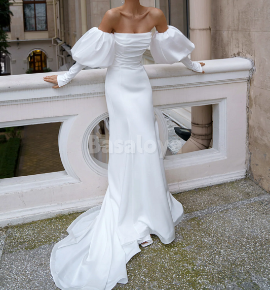 WD0141 Elegant White Long Sleeves Strapless Sheath Wedding Dress with Train