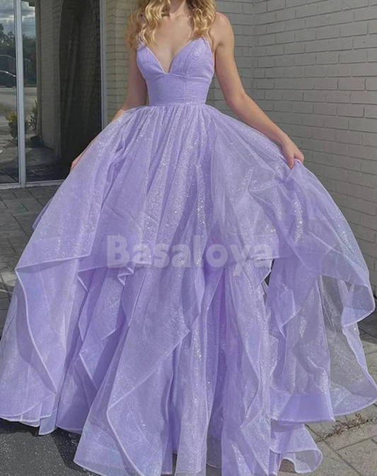SP0220 Elegant Lilac Spaghetti Straps A-Line Tiered Glitter Party Prom Dress