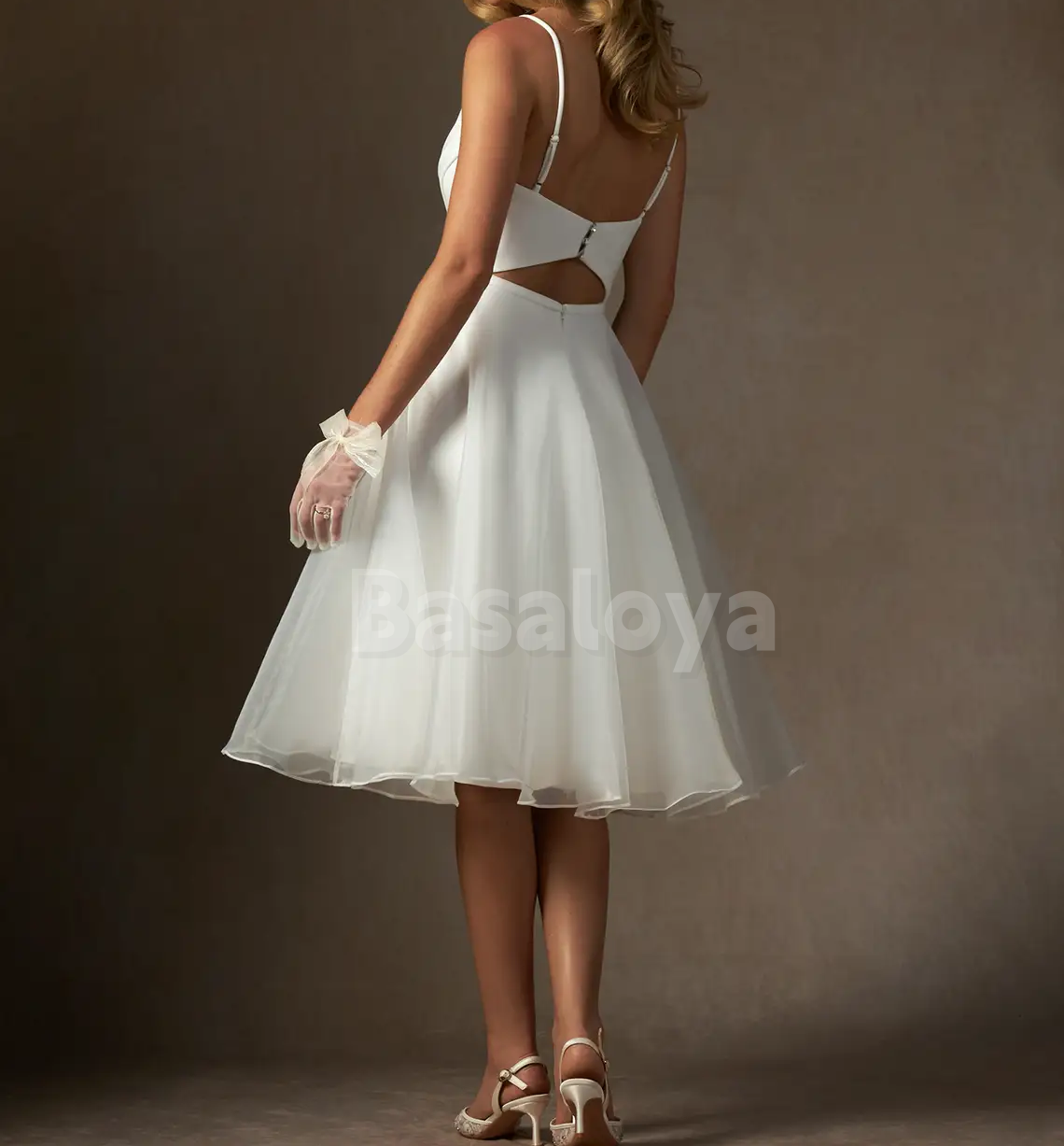 WD0098 Classic White V-Neck Spaghetti Straps A-Line Short Wedding Dress