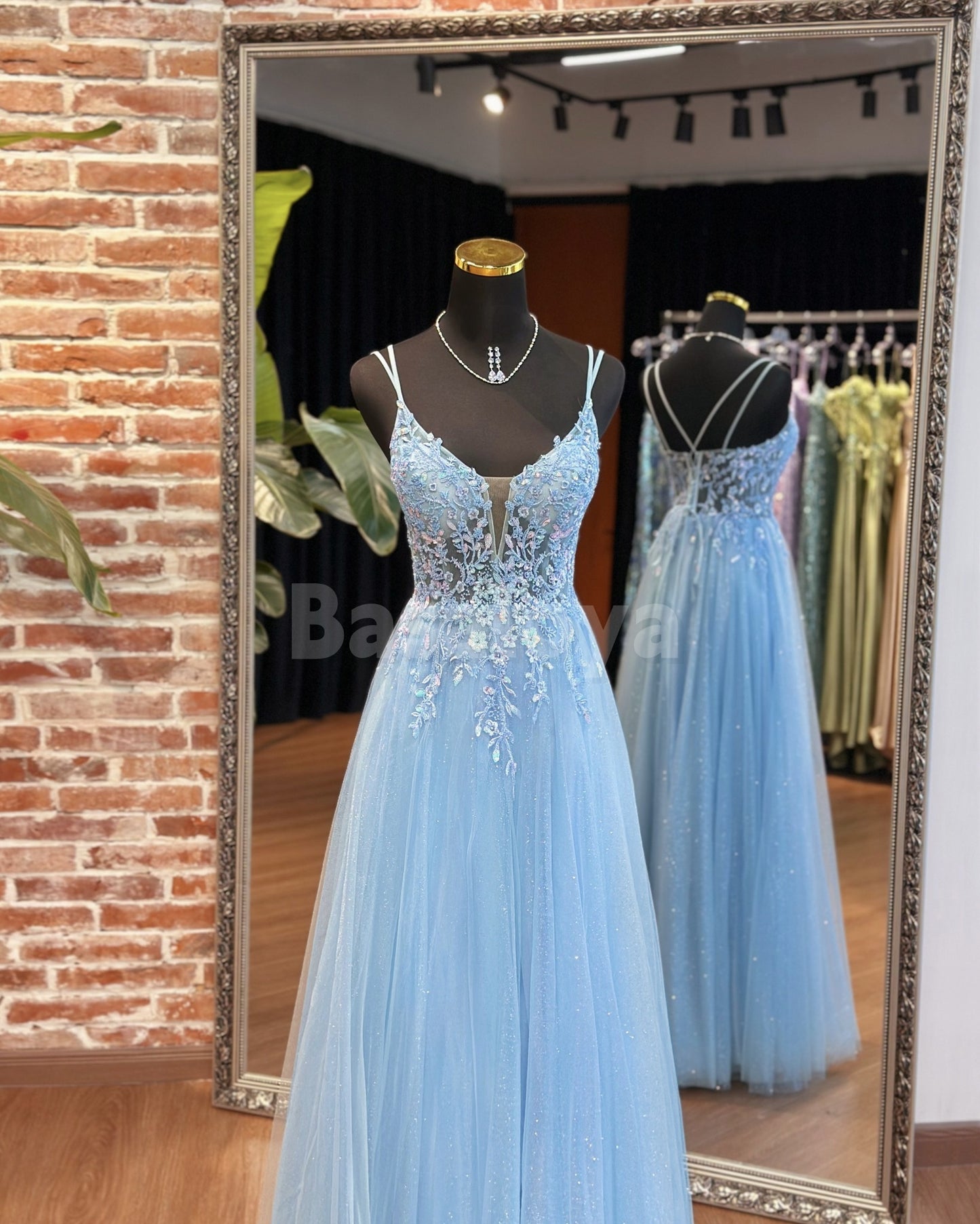 BM0015 Glamorous Spaghetti Straps A-Line Sequin Appliques Bridesmaid Gown