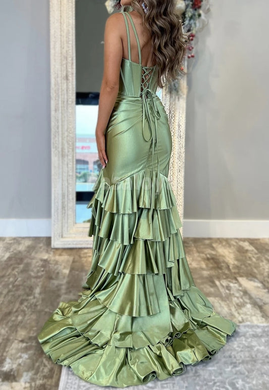 SP0097 Classic Sage Green V-Neck Mermaid Prom Dress with Ruffles Slit