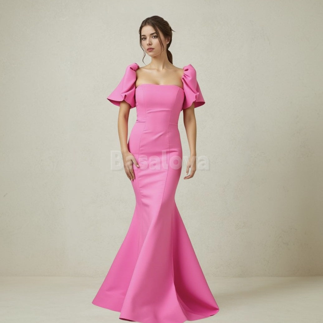 SP0059 Simple Pink Puff Sleeve Mermaid Satin Prom Formal Gown with Train