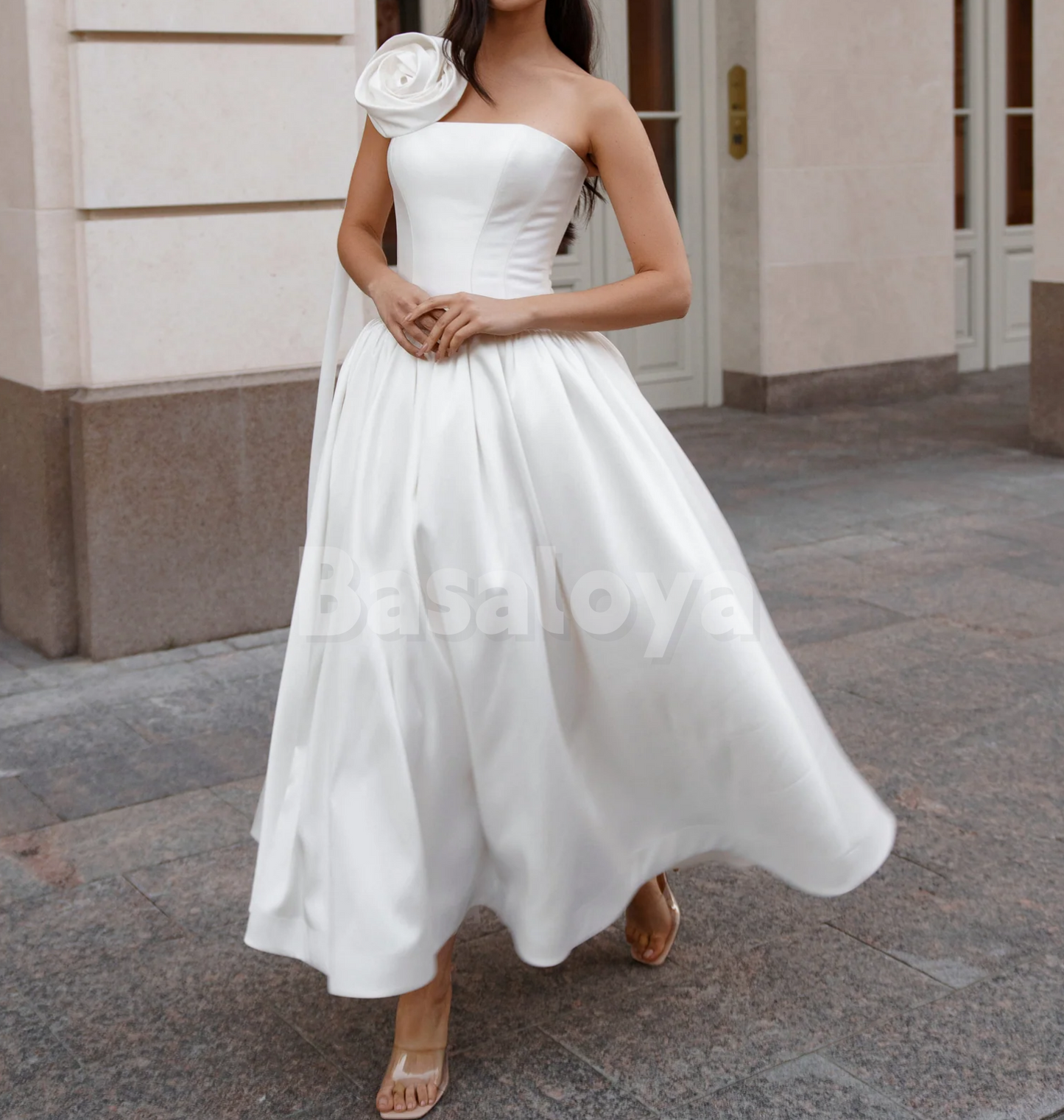 WD0169 Classic 3D Floral White One Shoulder A-Line Pleats Midi Bridal Gown