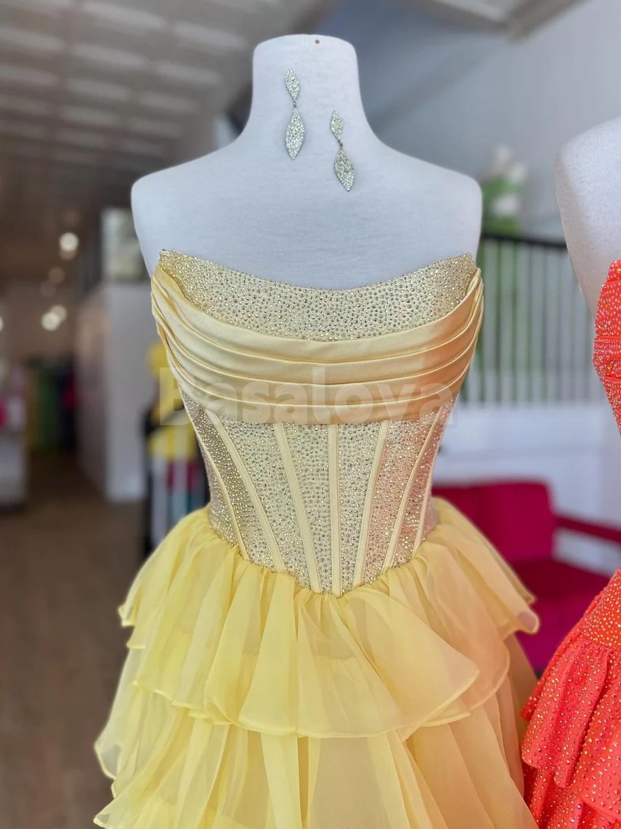 HM0049 Stunning Yellow Beaded Strapless A-Line Tiered Homecoming Gown
