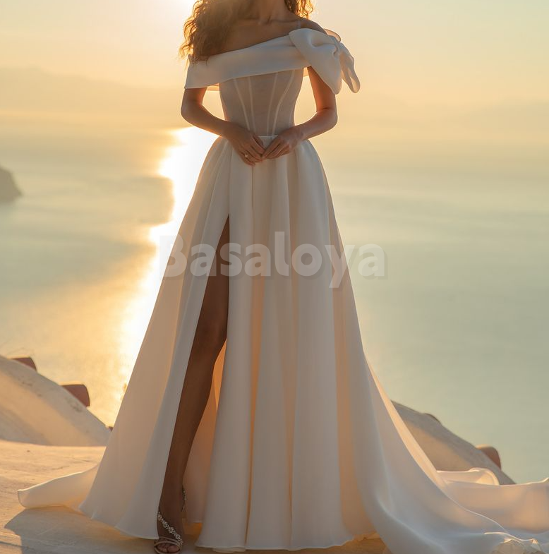 WD0029 Elegant Off Shoulder A-Line Side Slit Pleated Wedding Gown with Bow