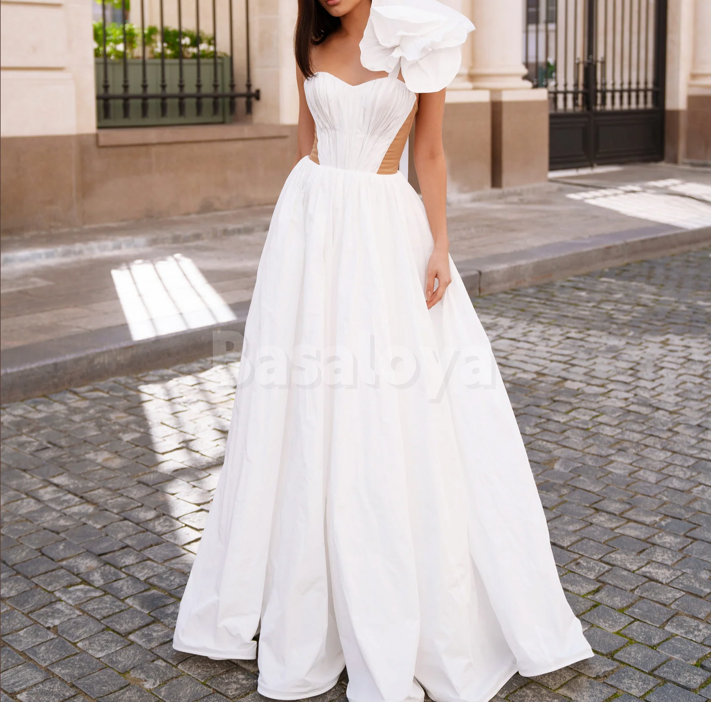 WD0170 Elegant White One Shoulder A-Line Long Wedding Dress with Pleats