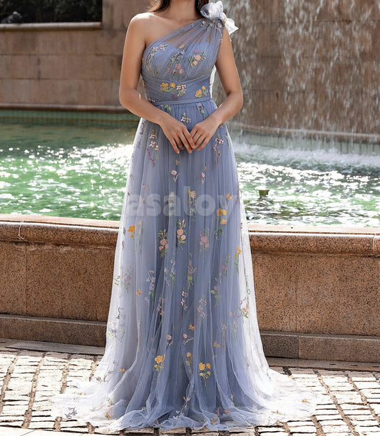 ED0119 Elegant Blue Printed Flower A-Line One Shoulder Evening Gowns