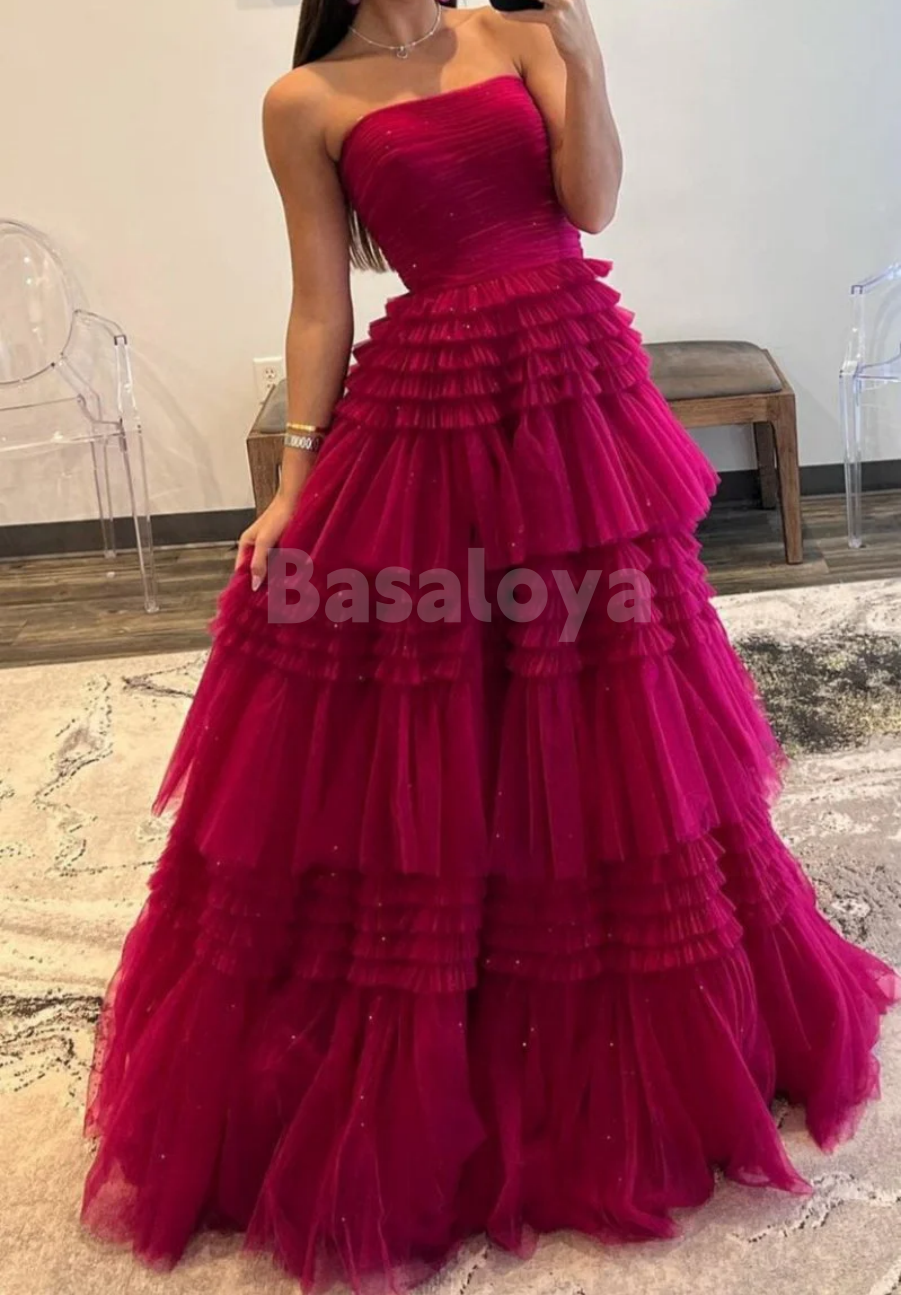 SP0145 Elegant Beige Strapless A-Line Tiered Lace Ball Gown Prom Dress with Slit