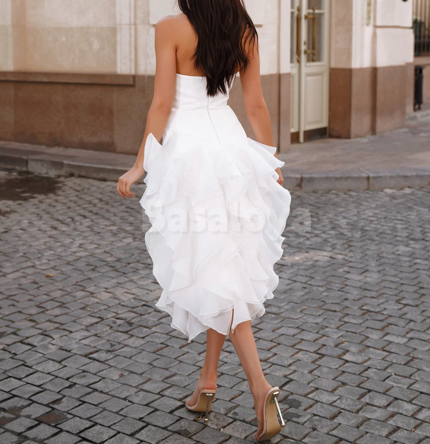 WD0146 Simple White Sweetheart Sheath Ruffles Midi Wedding Dress