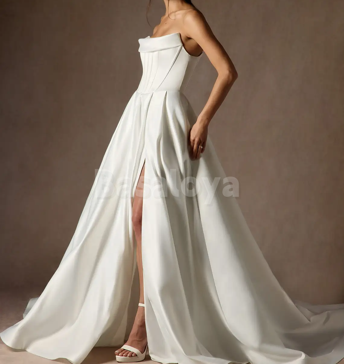 WD0088 Elegant White Strapless A-Line Side Slit Wedding Dress with Train