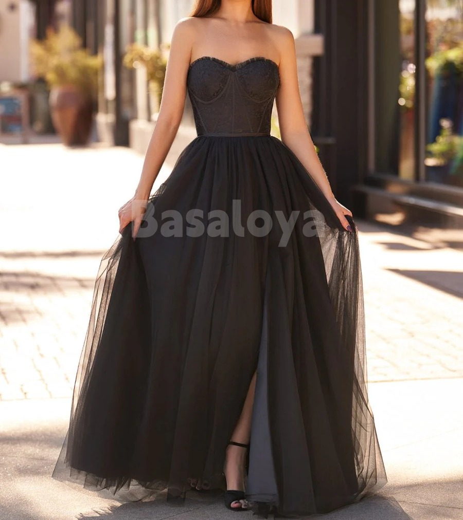 SP0195 Elegant Black A-Line Sweetheart Pleated Prom Formal Gown with Slit