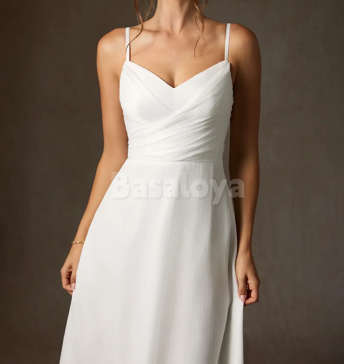 WD0130 Simple White V-Neck Spaghetti Straps A-Line Midi Wedding Dress