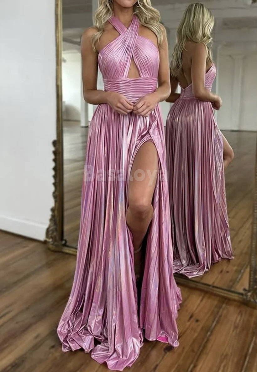 SP0095 Sexy Pink Cross-Neck A-Line Pleated Metallic Prom Dress with Slit