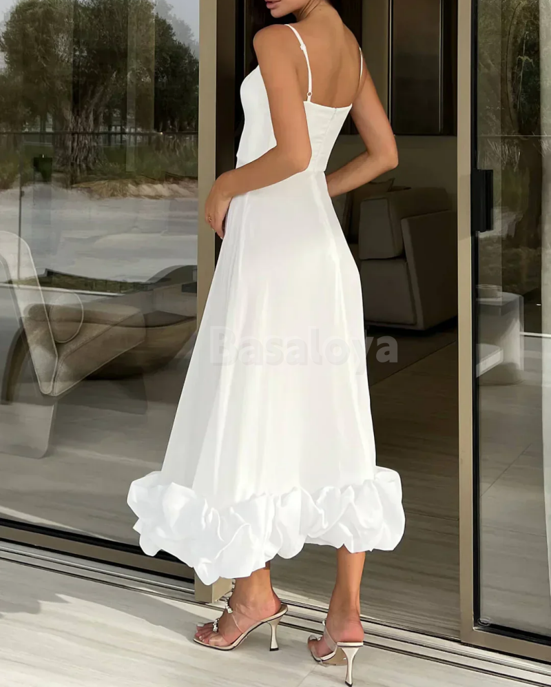 SP0223 Elegant White Spaghetti Straps A-Line Midi Prom Dress with Ruffles