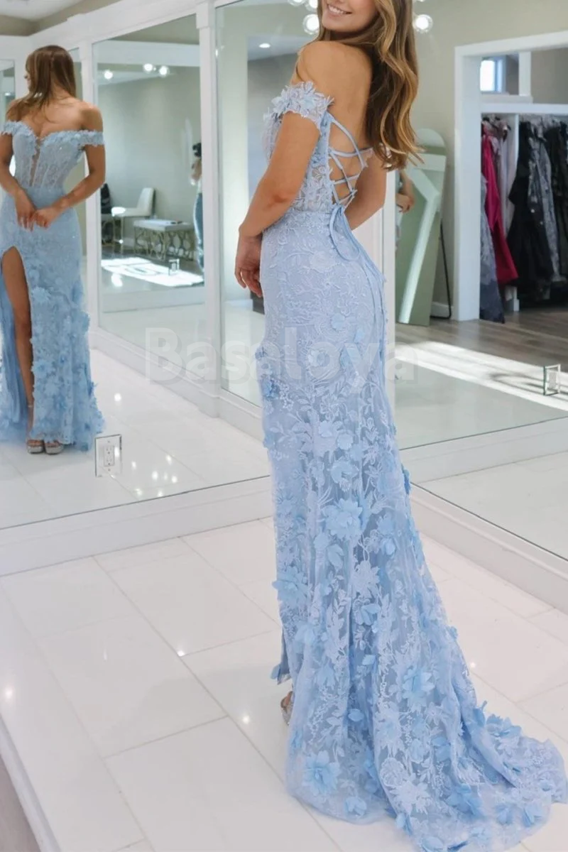 SP0154 Graceful 3D Floral Blue Off-Shoulder Bodycon Prom Dress with Slit