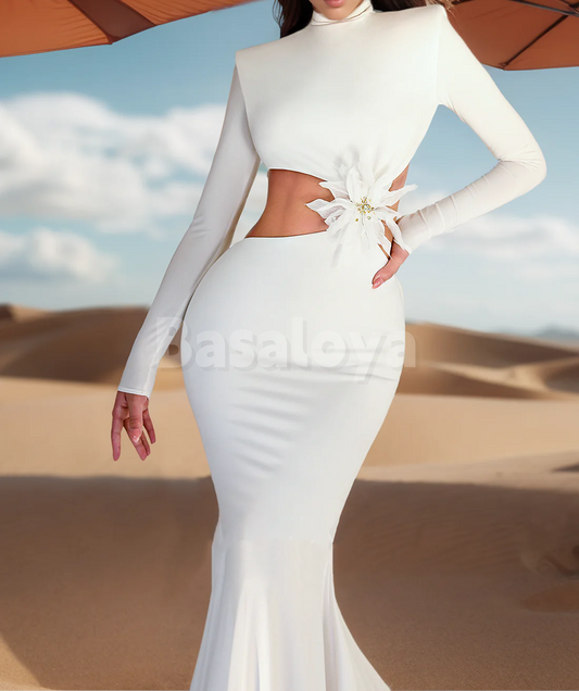 WD0173 Elegant Long Sleeve High Neck Mermaid Wedding Dress with 3D Floral