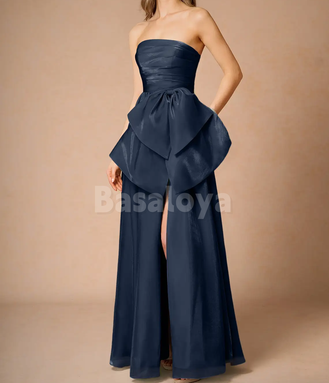 SP0280 Simple Black Tube Top A-Line Bow Prom Dress with Slit Party Gown