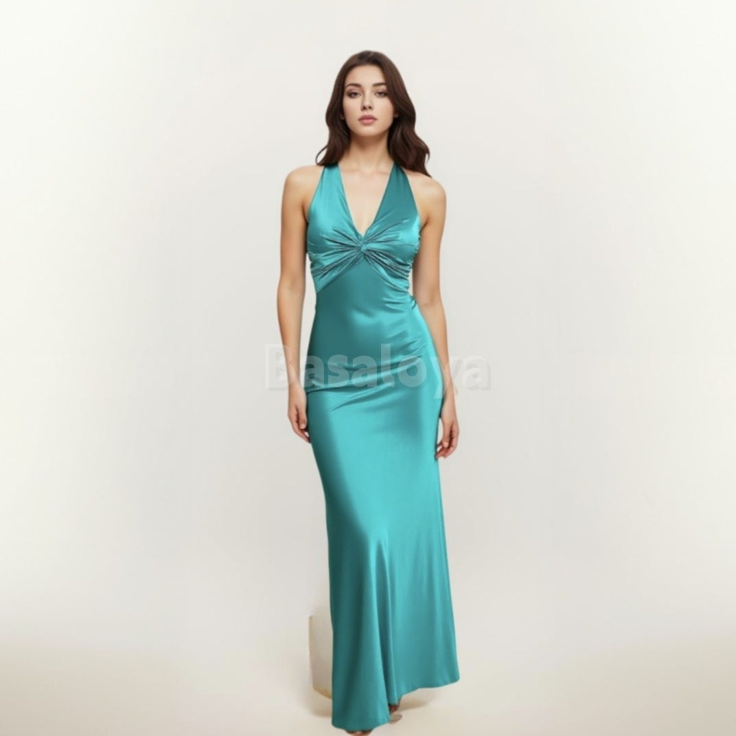 SP0076 Classic Peacock Halter Neck Straight Satin Long Prom Dress