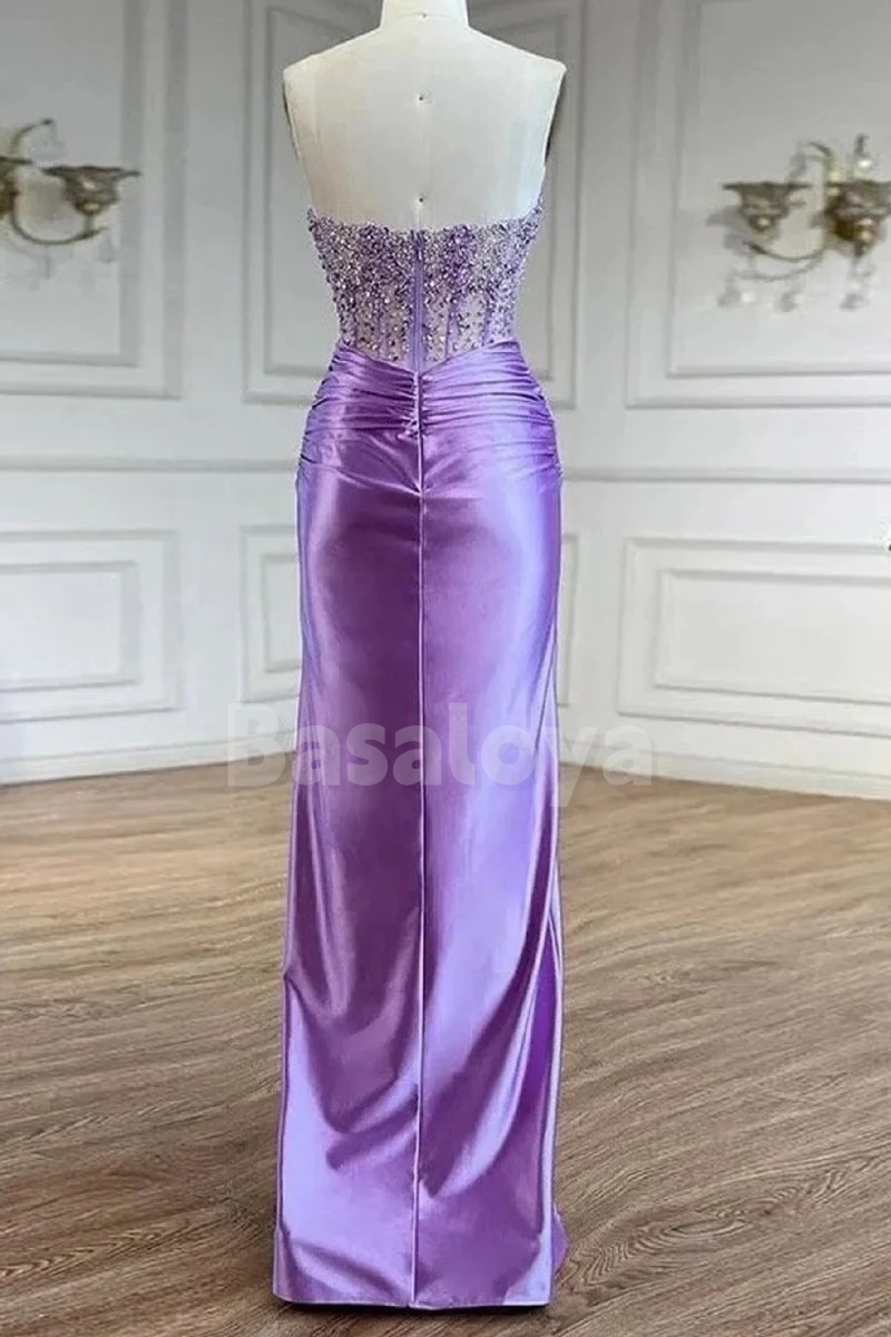 SP0228 Luxury Beaded Lilac Sweetheart Sheath Prom Party Gown with Slit