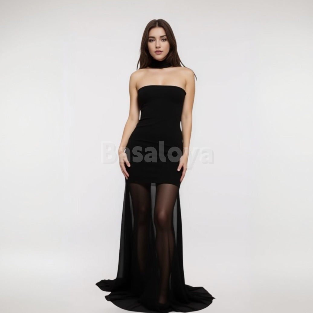 ED0013 Elegant Black Tube Top Sleeveless Mermaid Chiffon Evening Dress with Scarf