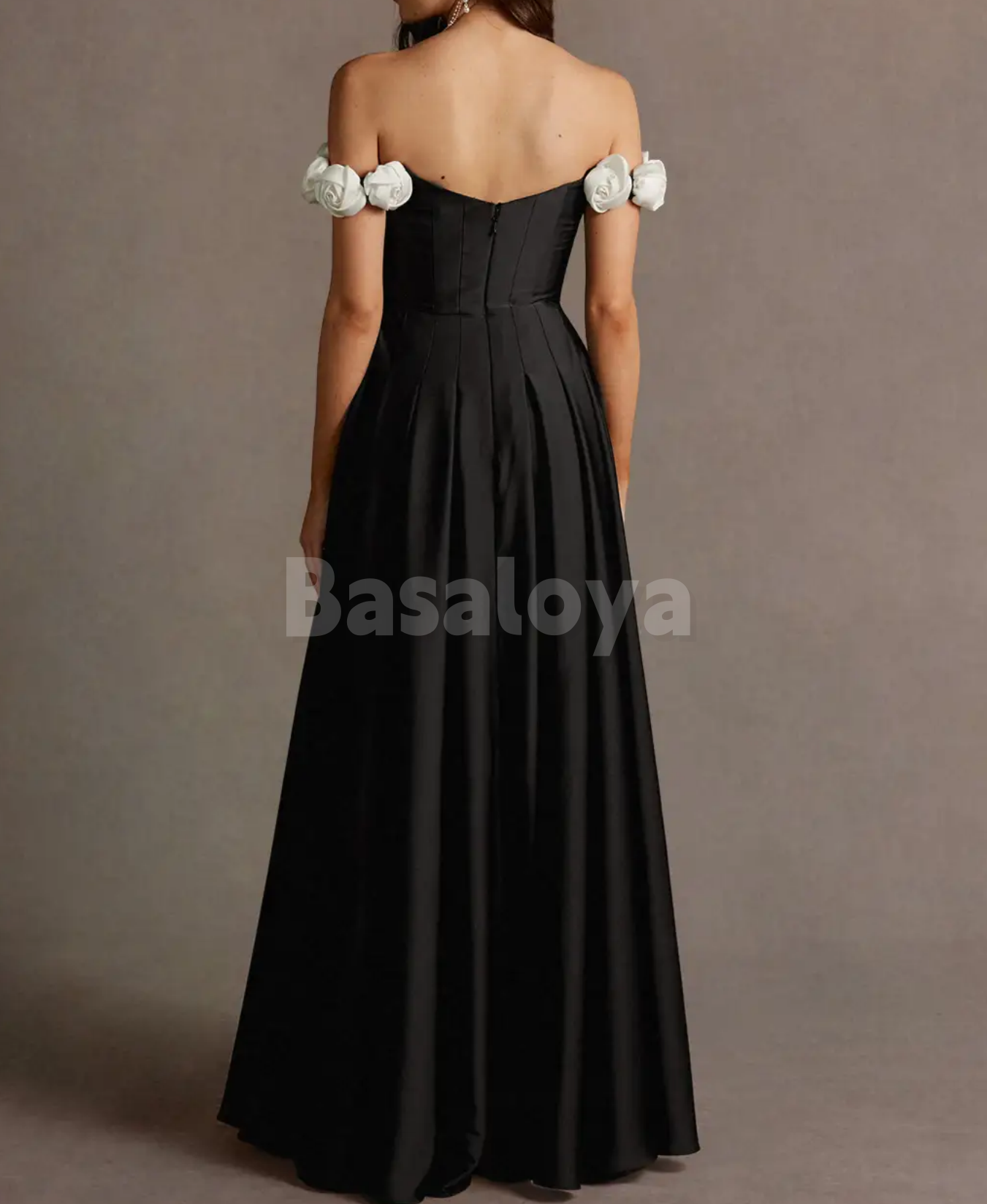 SP0250 Graceful 3D Floral Black A-Line Off-Shoulder Prom Evening Dress