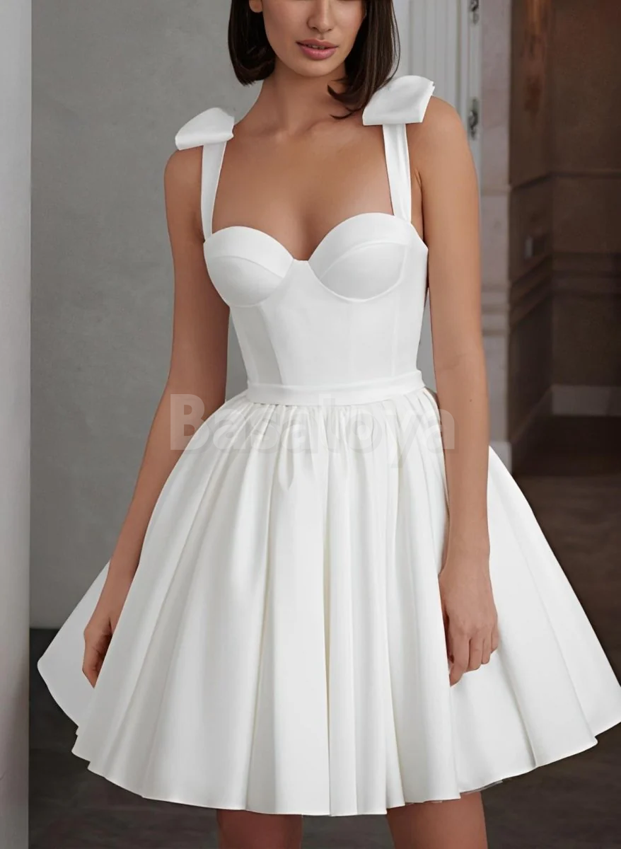 WD0080 Bohemian White Sweetheart A-Line Short Wedding Dress with Bows