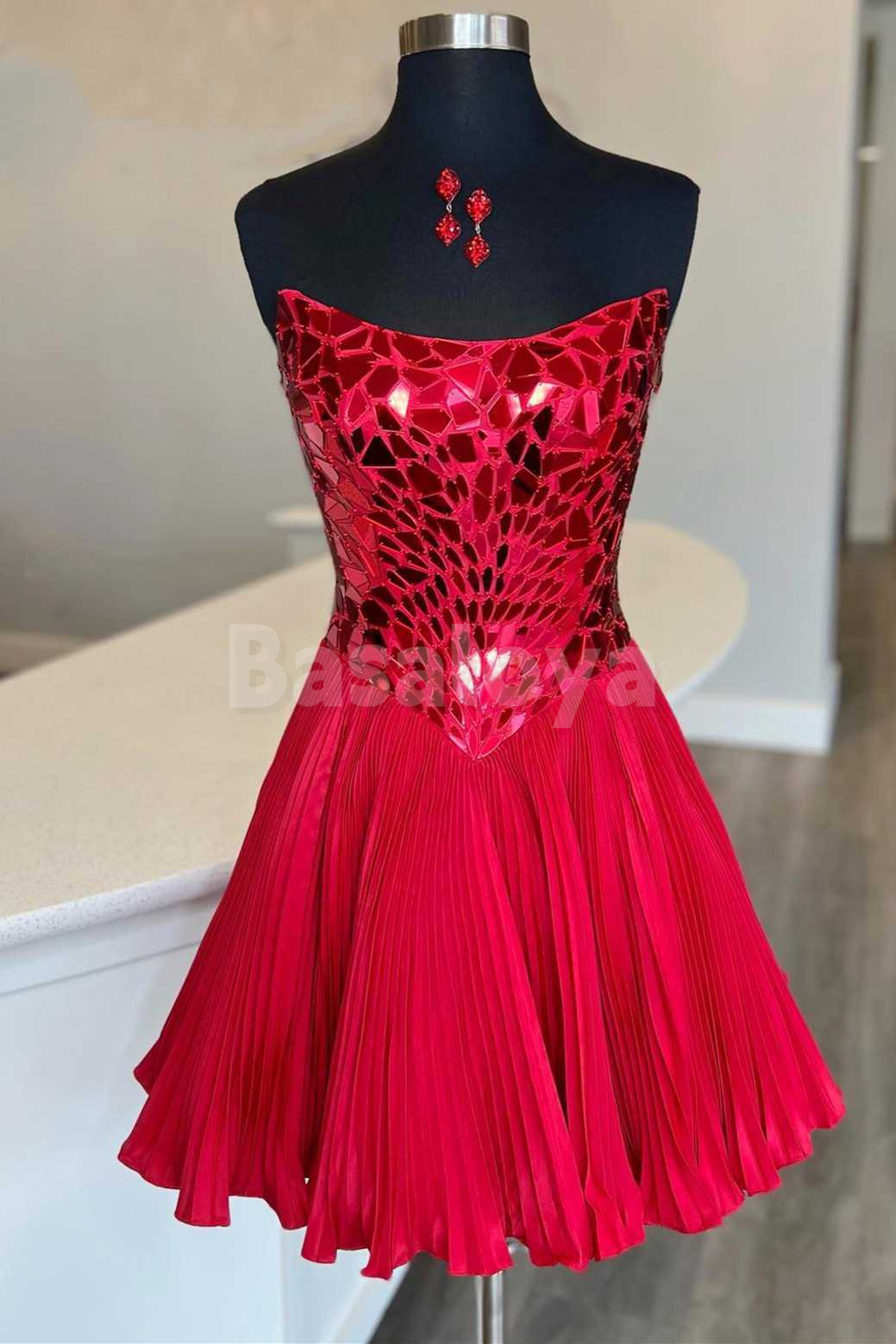 HM0142 Sparkly Beaded Red Strapless A-Line Pleats Homecoming Dress
