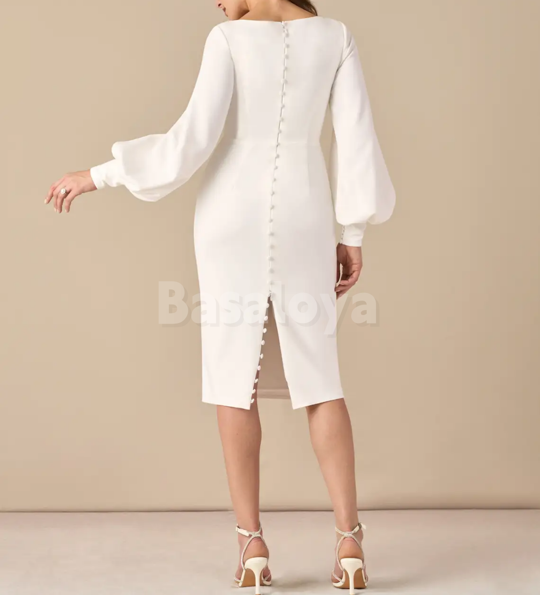 WD0131 Elegant White Square Neck Long Sleeves Midi Sheath Wedding Dress