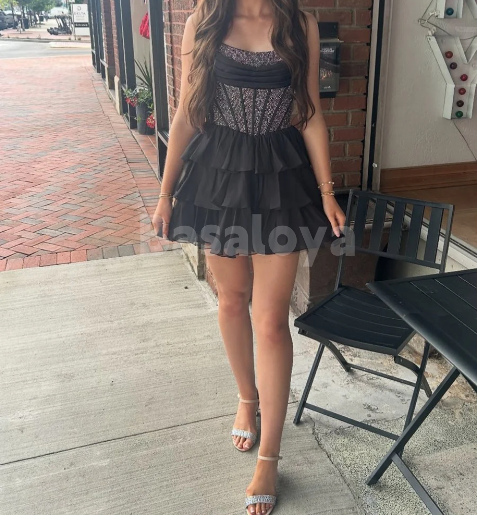 HM0050 Luxury Beaded Black A-Line Tiered Mini Homecoming Dress