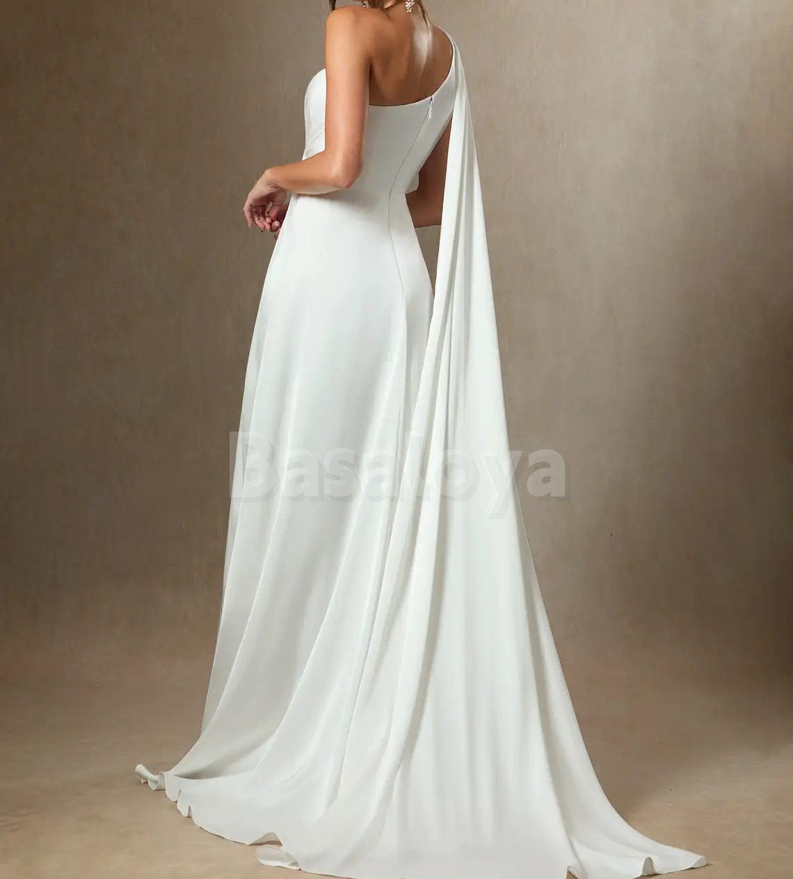 WD0056 Classic White One Shoulder Sheath Draped Bridal Gown with Slit