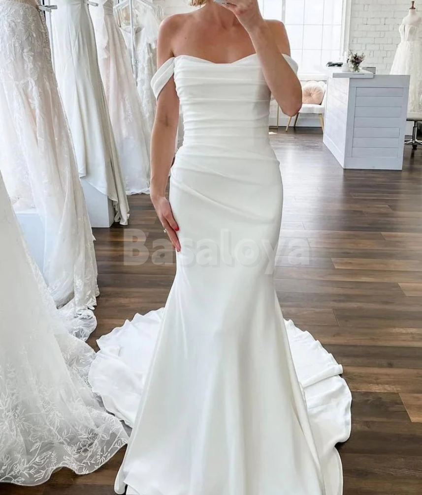 WD0074 Romantic White Off-Shoulder Mermaid Pleats Wedding Gown with Train