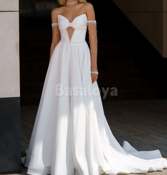 WD0148 Luxury White Pearls Long Sleeves Sweetheart A-Line Wedding Gown
