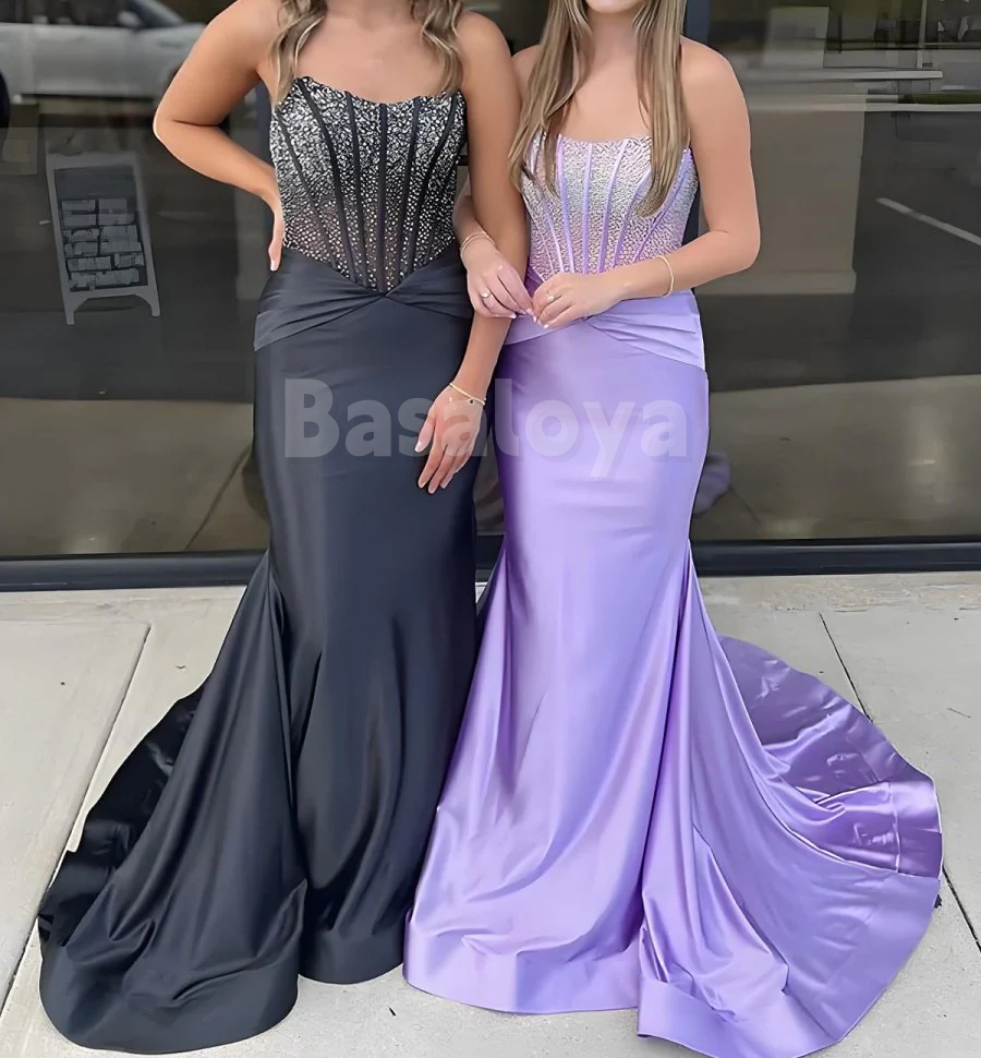 SP0171 Elegant Lilac Tube Top Bodycon Beaded Prom Party Dress with Train