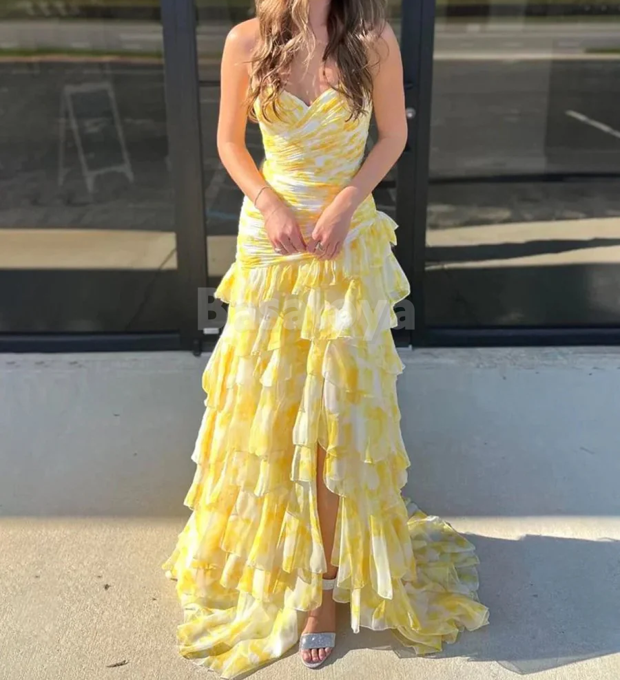 SP0142 Cute Yellow Sweetheart Mermaid Tiered Chiffon Prom Dress Party Gown