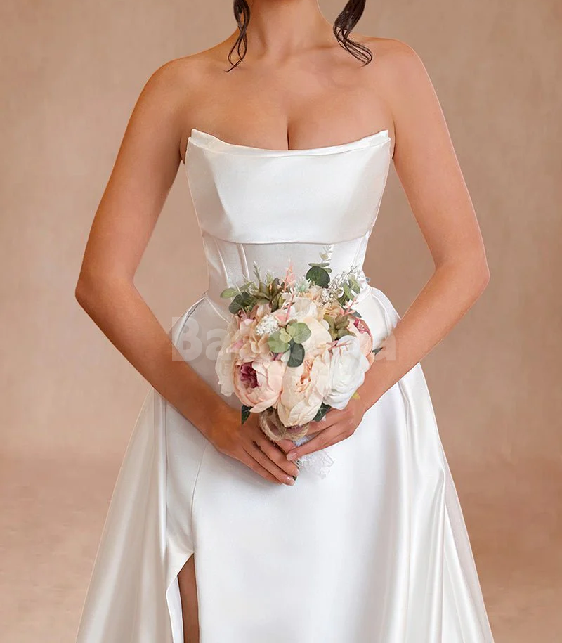 WD0062 Classic White Strapless A-Line Side Slit Wedding Gown with Overskirt